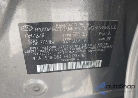 2018 Hyundai Elantra Sel z USA, uszkodzony, nr VIN 5NPD84LF4JH285016